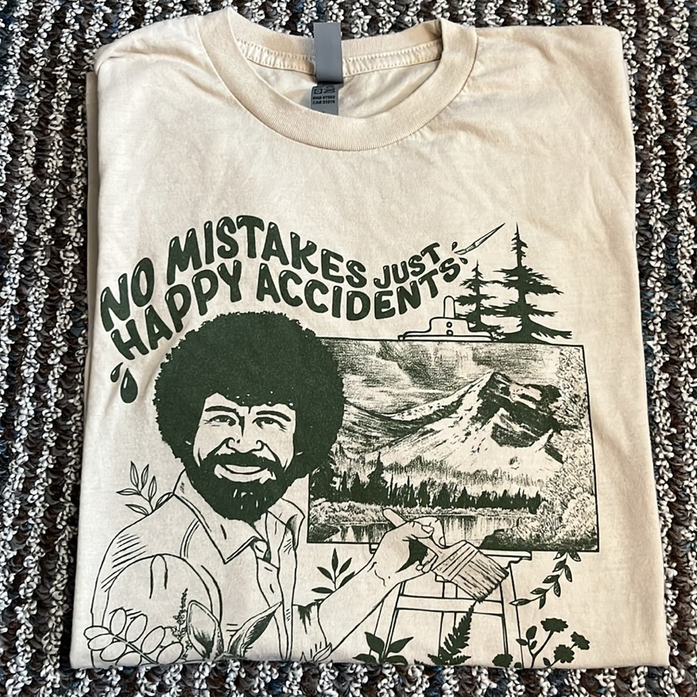 Bob Ross No Mistakes Just Happy Accidents Cream Tshirt Unisex L Painting Trees